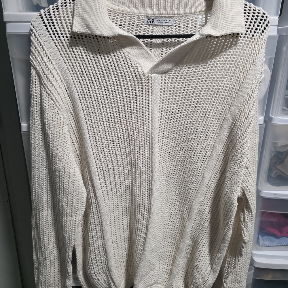 Zara Open-Knit Collared V-Neck Sweater in Cream